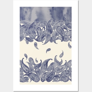 Monochrome Paisley Rain in Blue and Cream Posters and Art